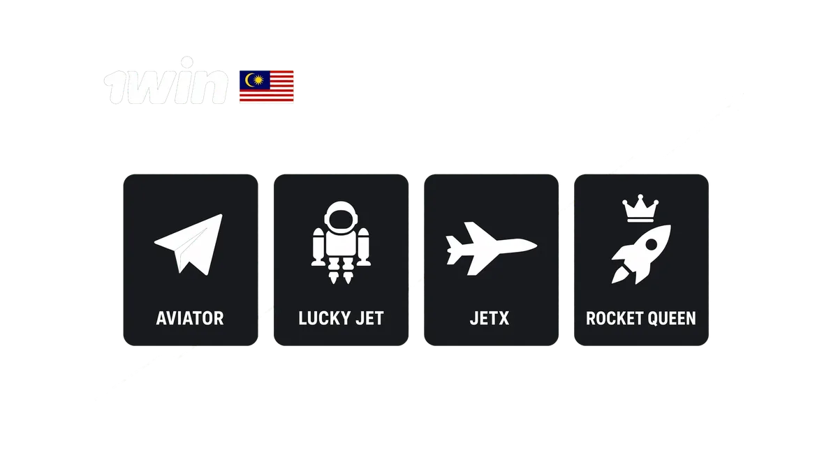 Icons for 1win's four crash games - Aviator, Lucky Jet, JetX and Rocket Queen - with a rising multiplier line