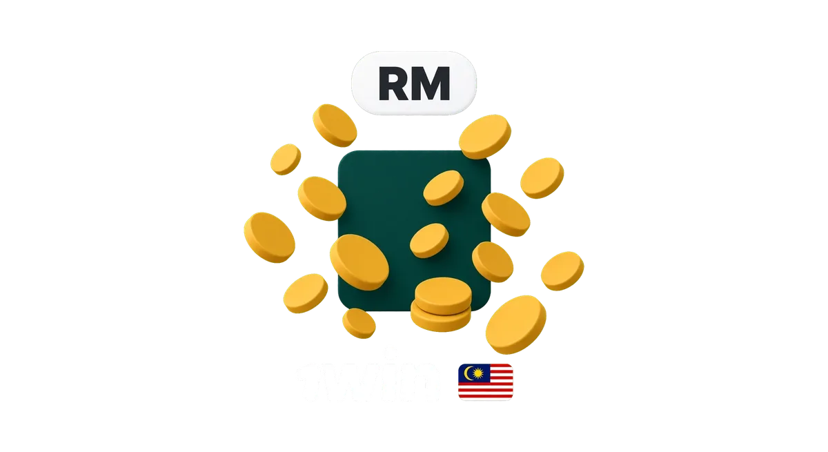 1win Malaysia deposit cashier with RM ringgit coins around a payment card icon