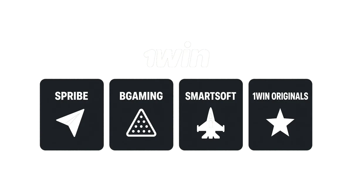 Studio badges for 1win game providers - Spribe, BGaming, Smartsoft and 1win Originals