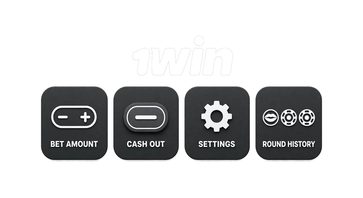 1win JetX bet amount, cash out, settings and round history icons