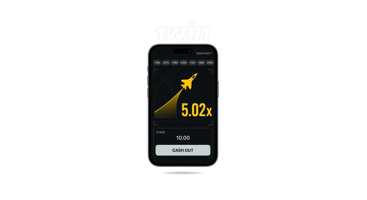 1win JetX game screen on mobile showing the rising jet plane curve and current multiplier