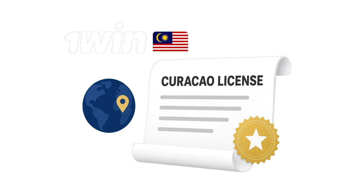 1win Curaçao gaming license certificate with official seal and world map pin marking the licensing jurisdiction