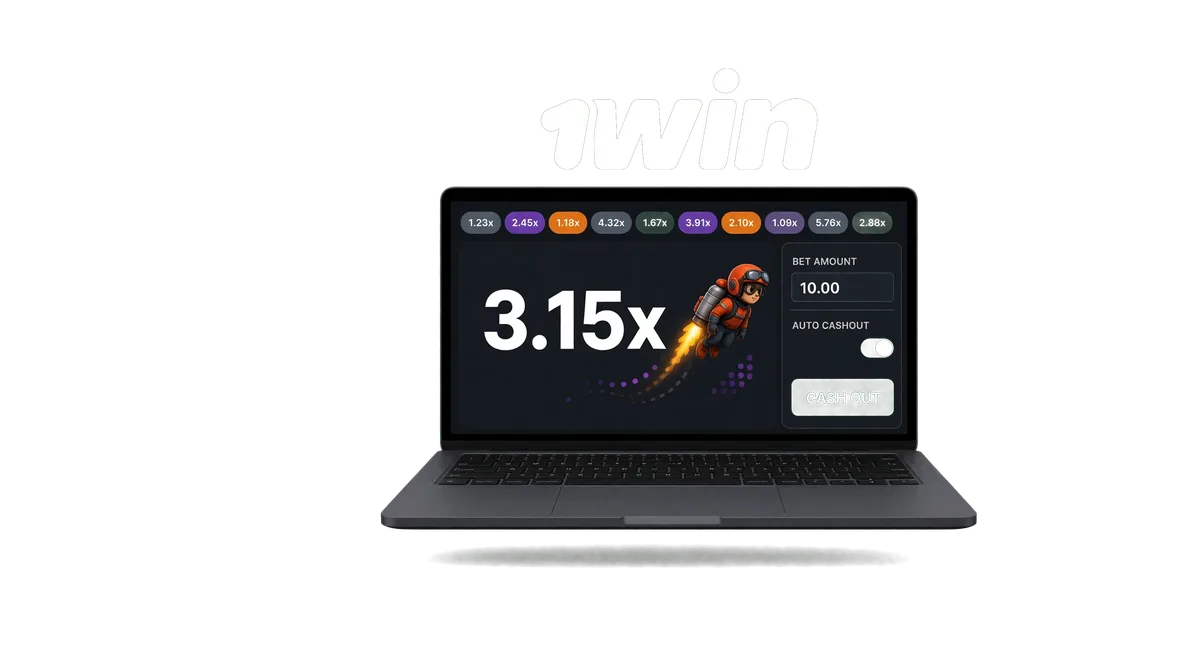 1win Lucky Jet on laptop showing round history, bet amount and auto cashout controls