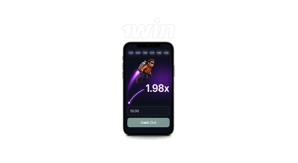 1win Lucky Jet game screen on mobile showing the jetpack character rising with the current multiplier