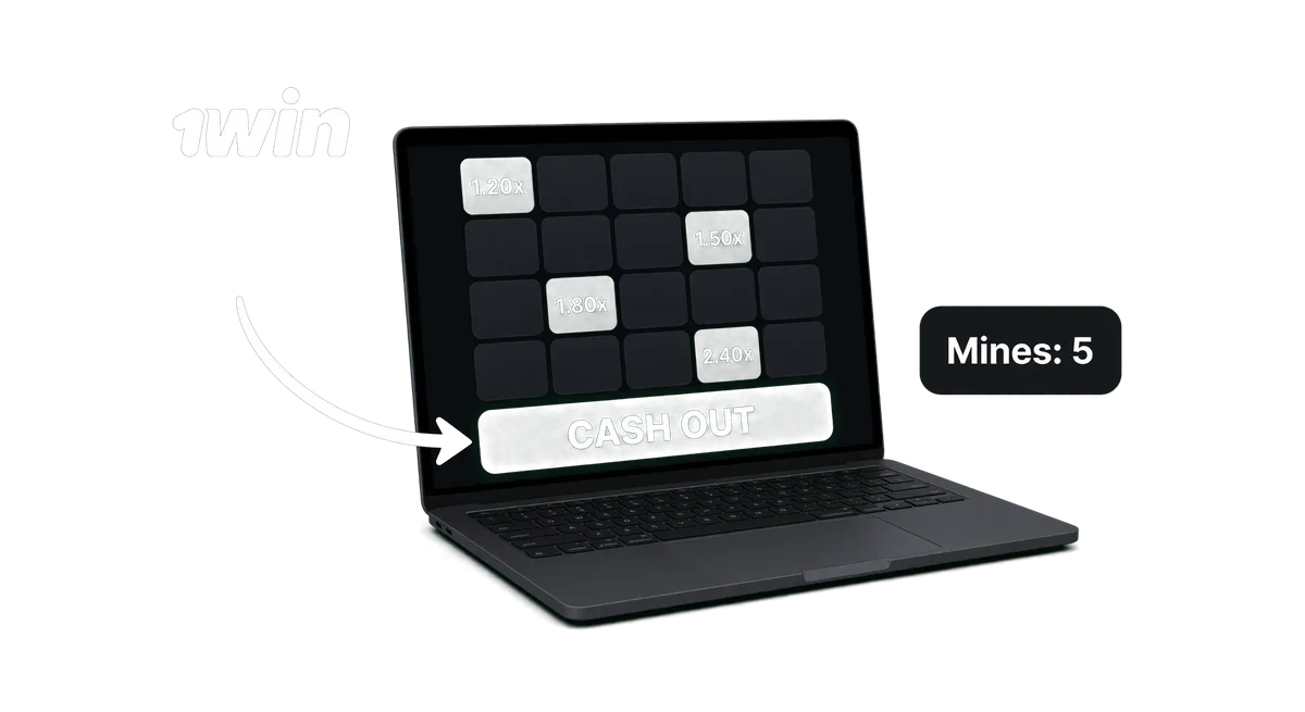 1win Mines game on laptop with revealed multiplier cells and the cash out button highlighted
