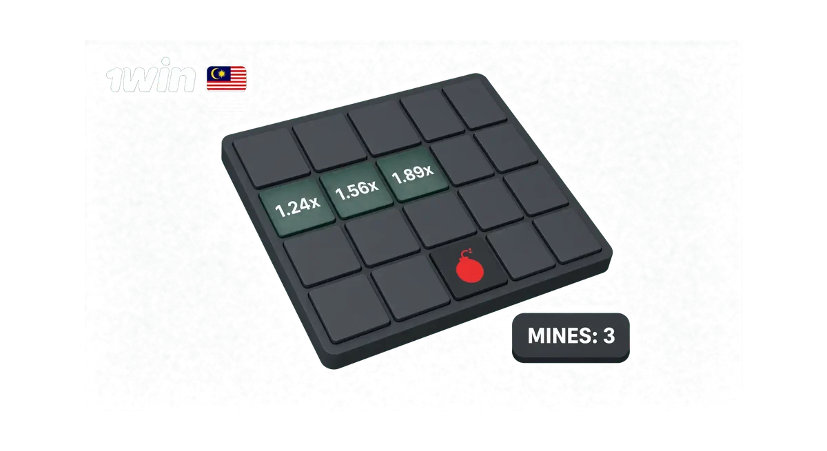 1win Mines grid showing revealed cells with growing multipliers and a hidden mine icon