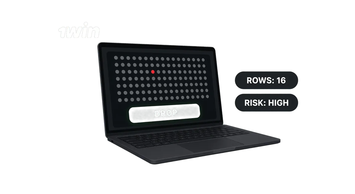 1win Plinko game on laptop with rows and risk level settings shown beside the drop button