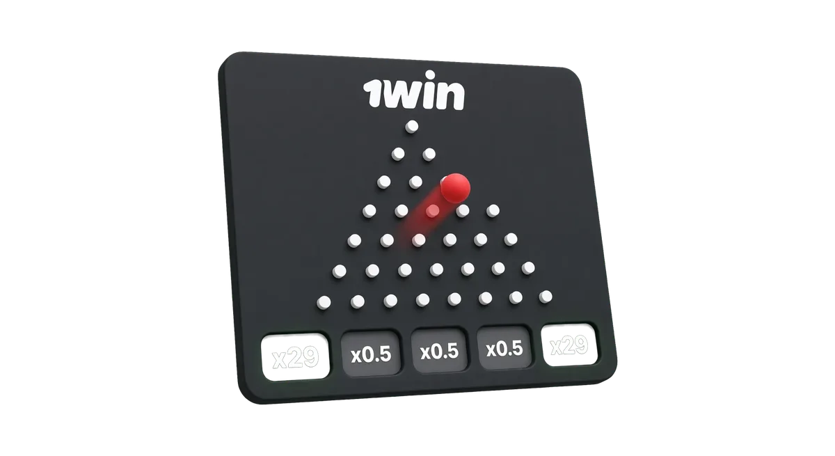 1win Plinko pegboard with a ball bouncing toward high-multiplier slots at the edges