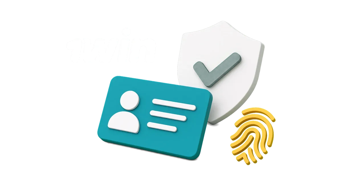 1win identity verification icon showing an ID card, security shield and fingerprint for KYC