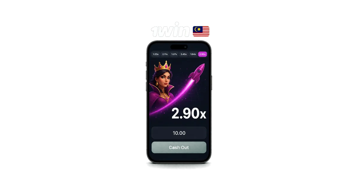 1win Rocket Queen game screen on mobile showing the rocket launch curve, current multiplier and cash out button