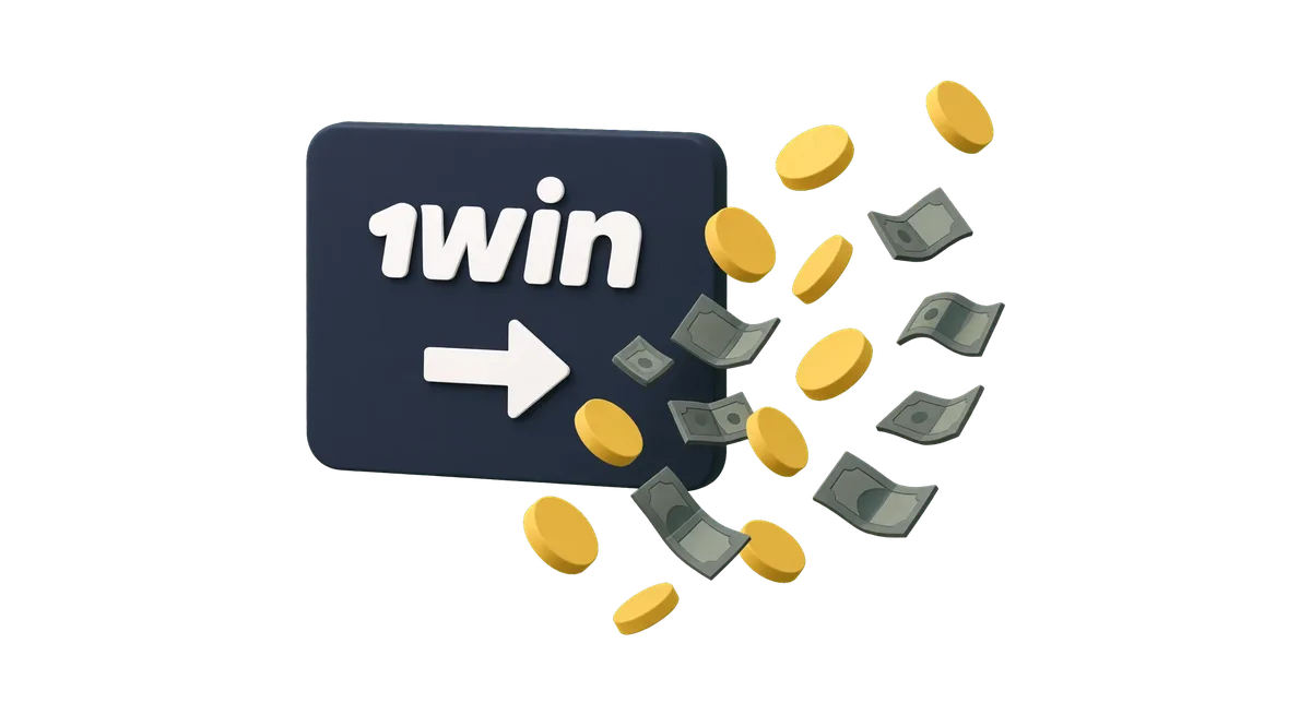 1win Malaysia withdrawal panel with coins and banknotes flowing out to represent a payout